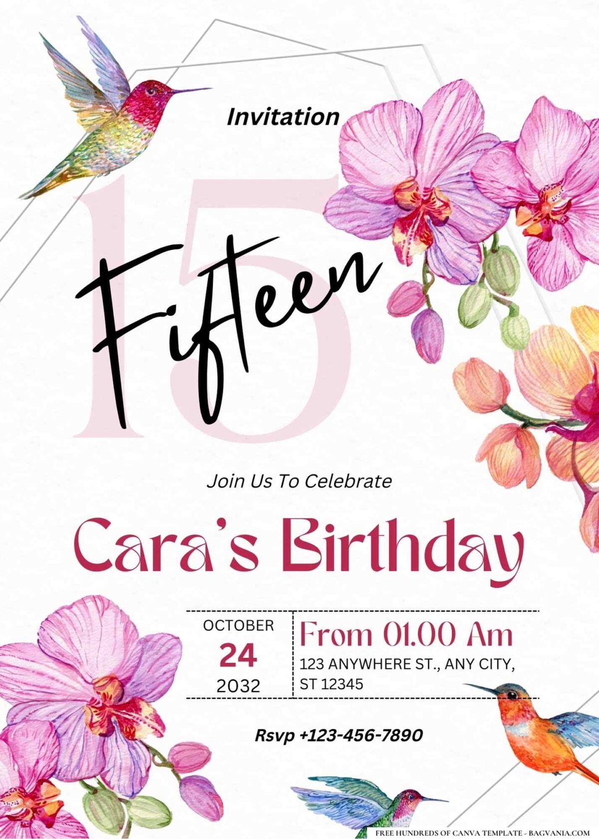 FREE Editable Watercolor Hummingbirds Flowers Birthday Invitation