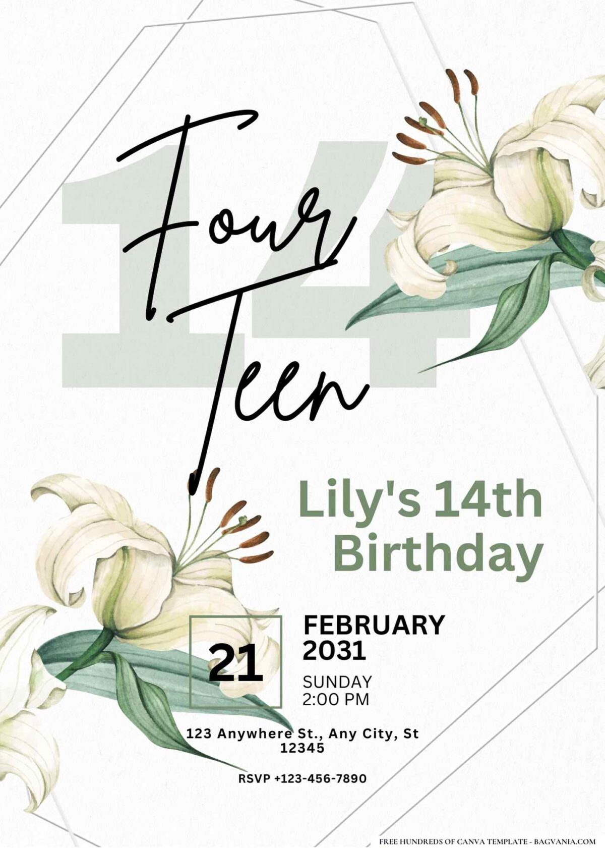 FREE Editable Watercolor Lily Bouquet Birthday Invitation