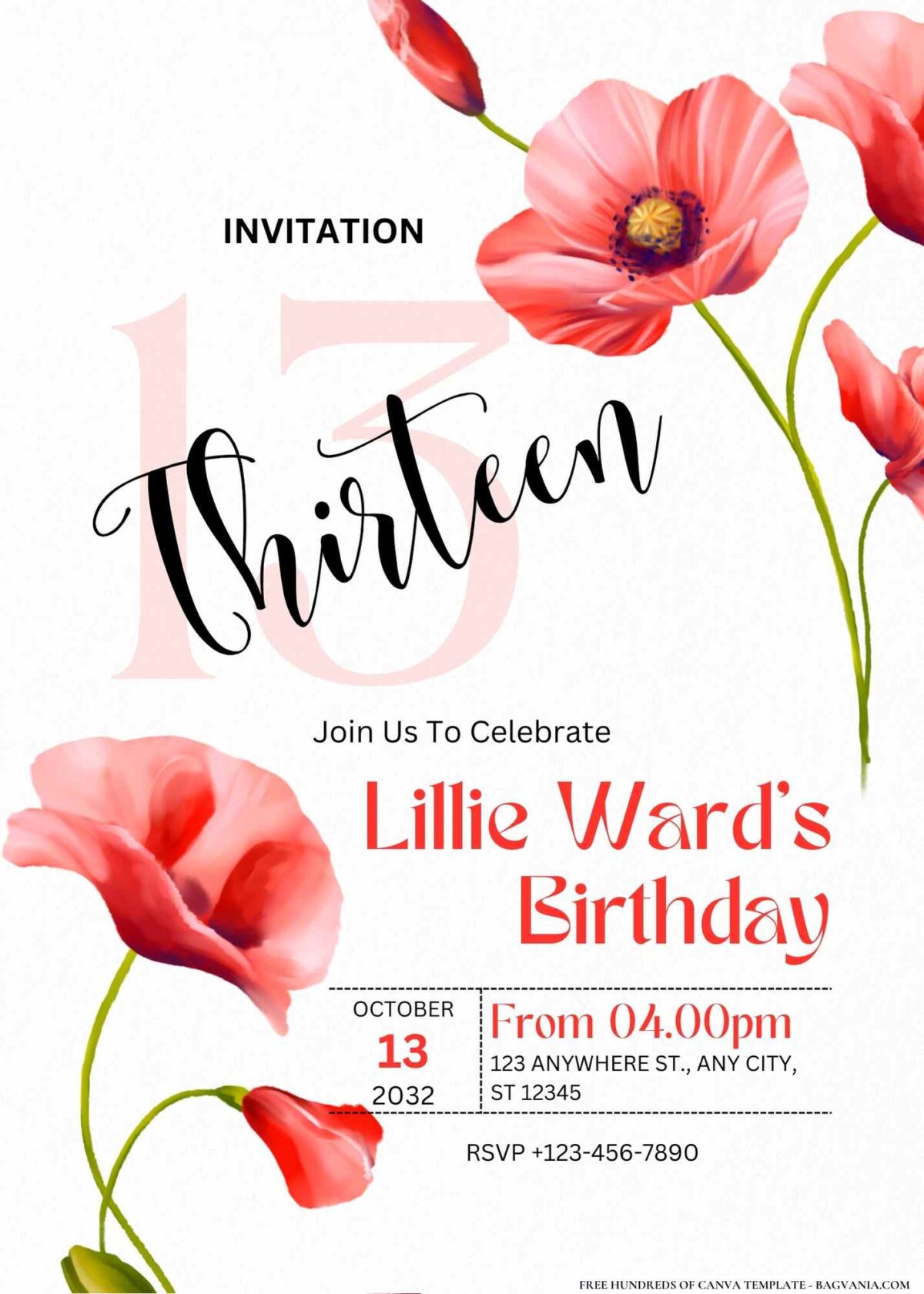 FREE Editable Watercolor Red Orange Poppies Birthday Invitation