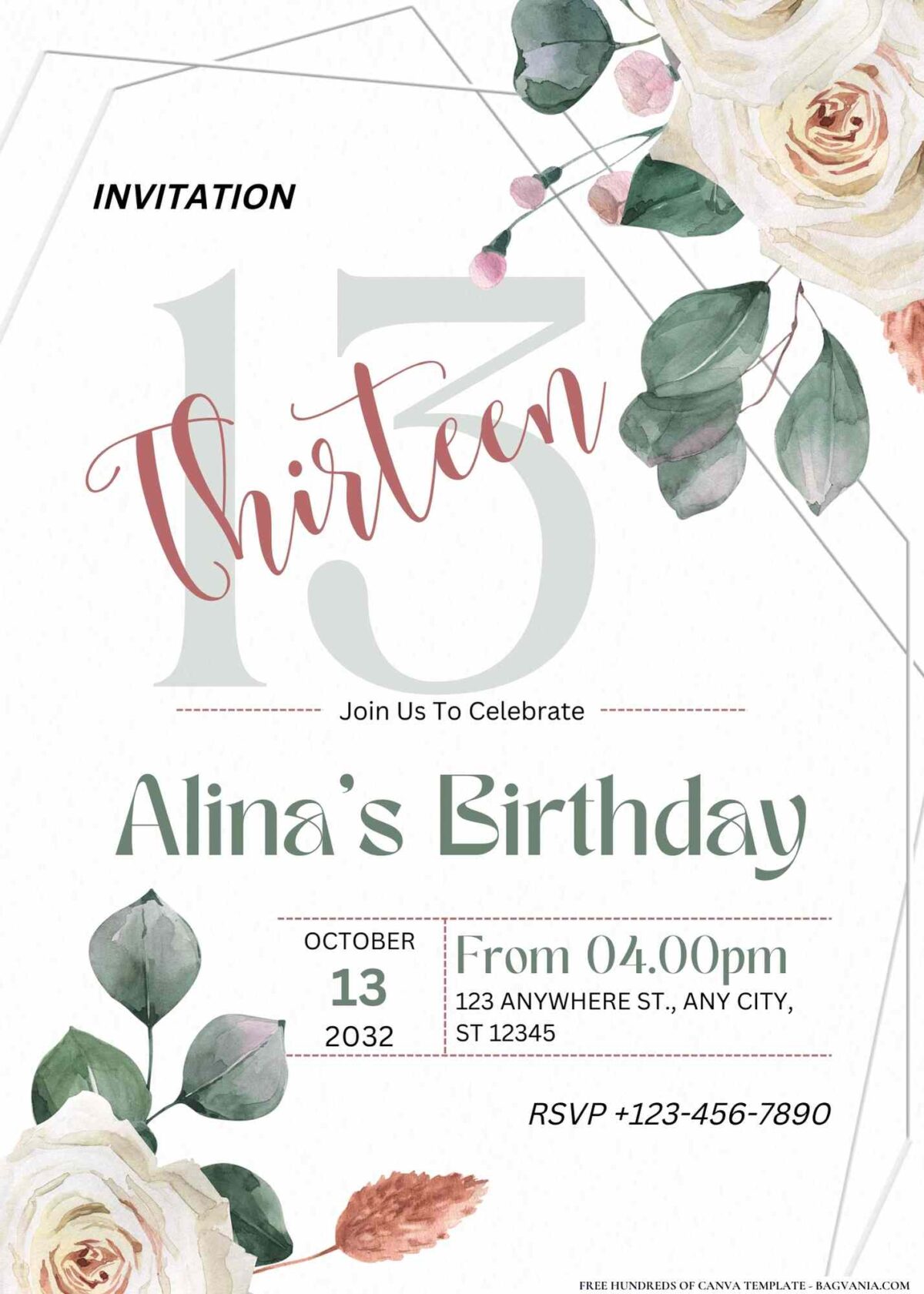 FREE Editable White Roses and Greenery Birthday Invitation