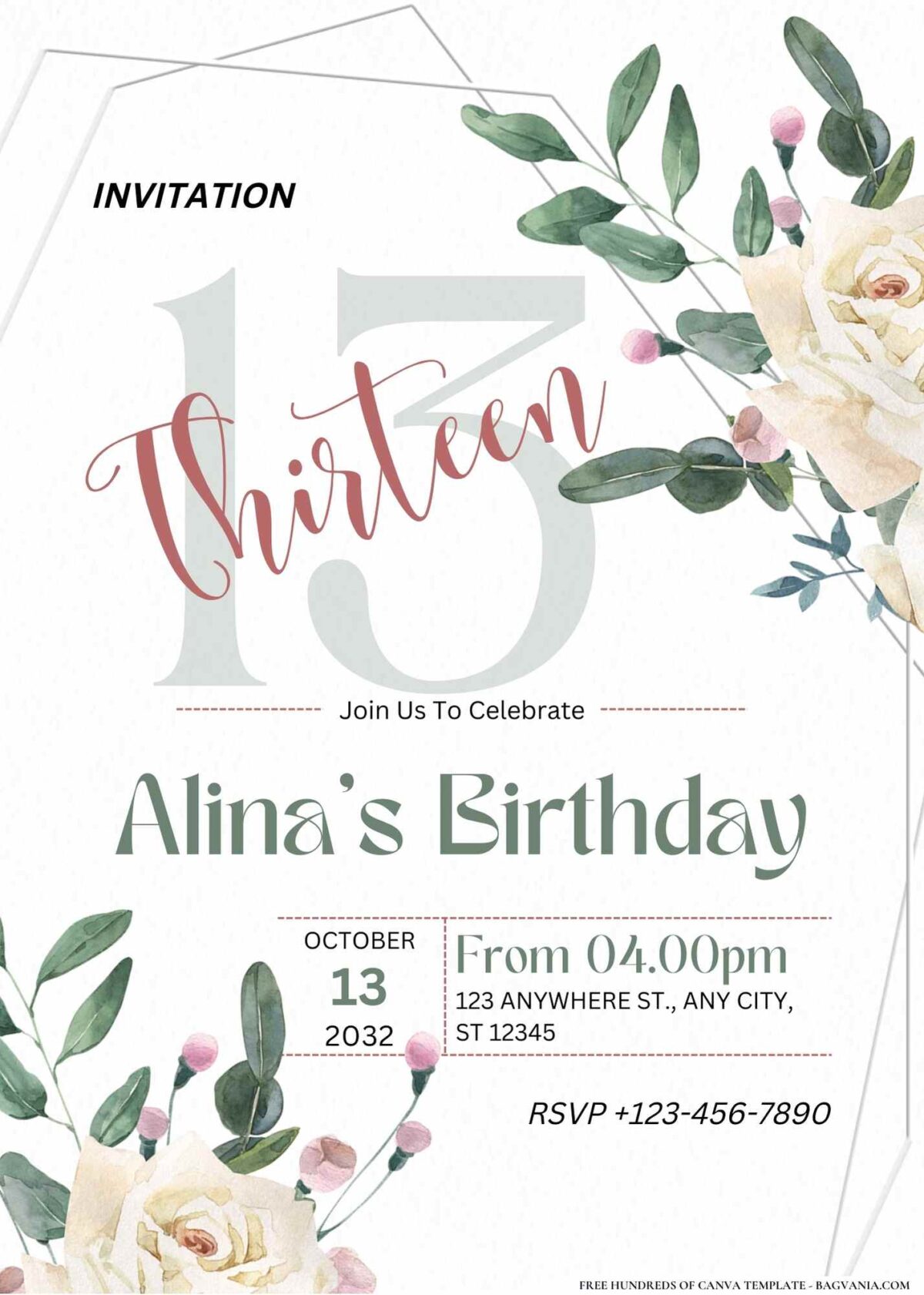 FREE Editable White Roses and Greenery Birthday Invitation