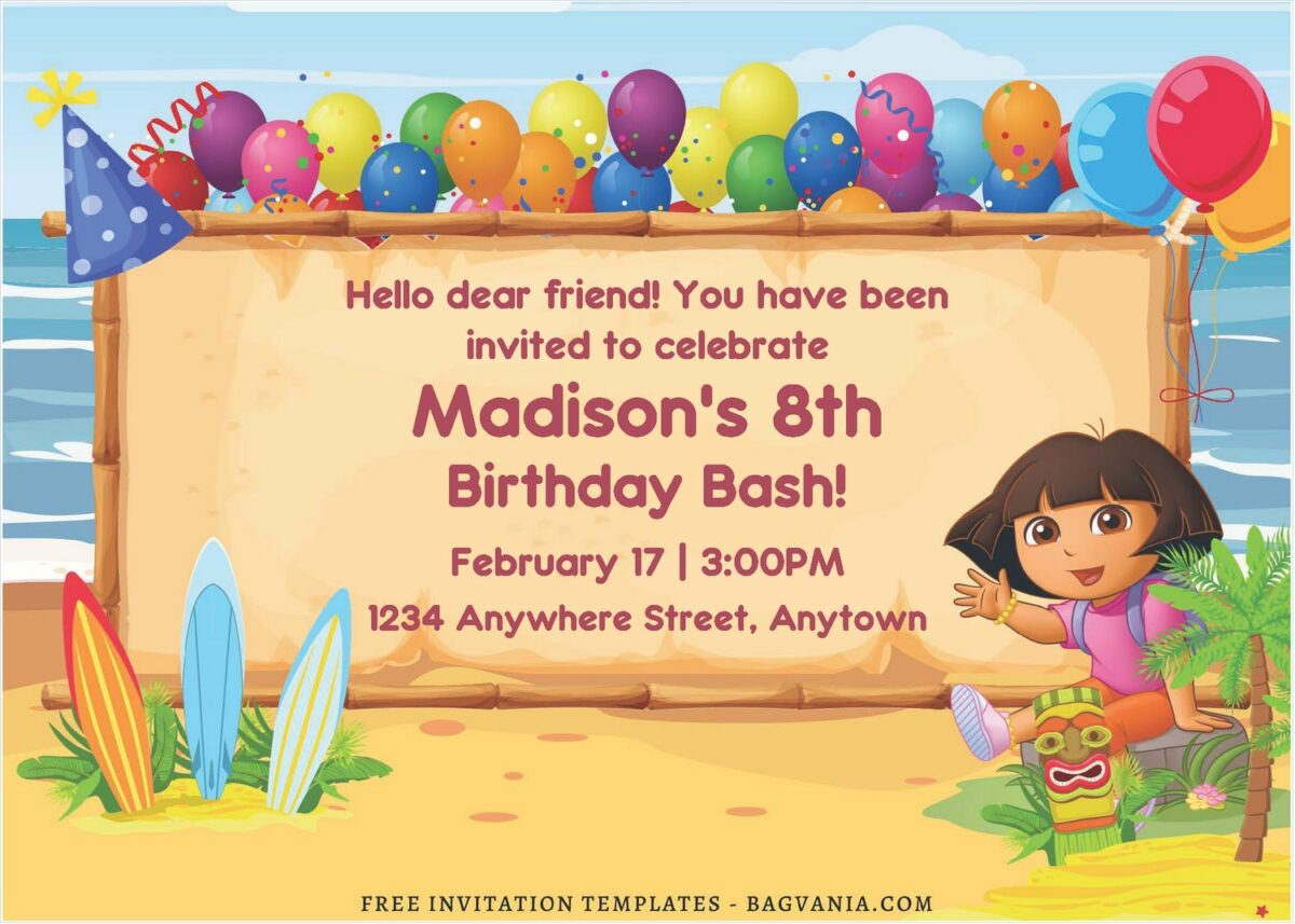 (Free Editable PDF) Dora Summer Beach Birthday Invitation Templates J