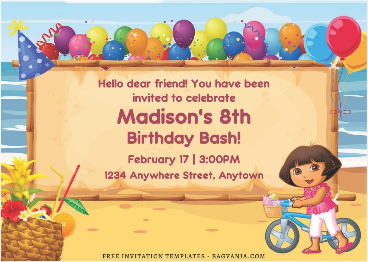 (Free Editable PDF) Dora Summer Beach Birthday Invitation Templates B