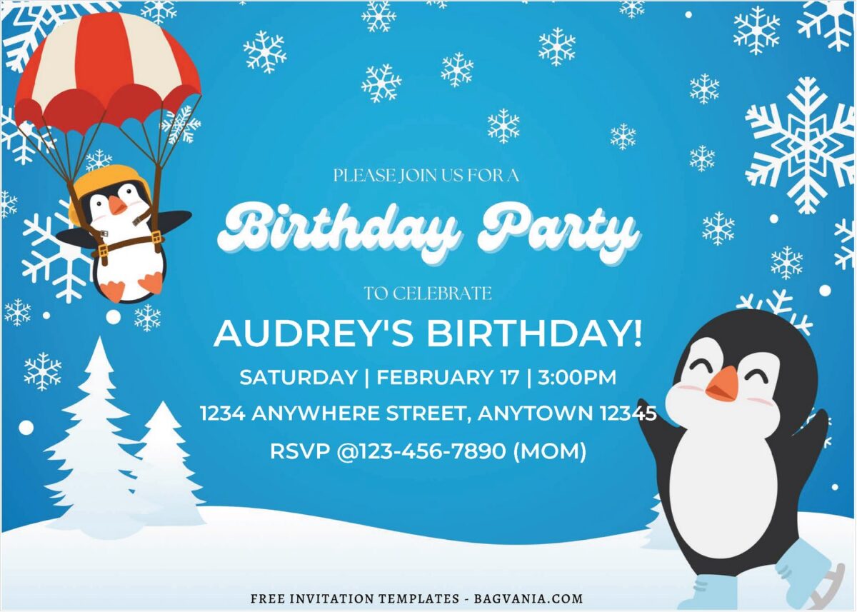 (Free Editable PDF) Playful Penguin Birthday Invitation Templates B