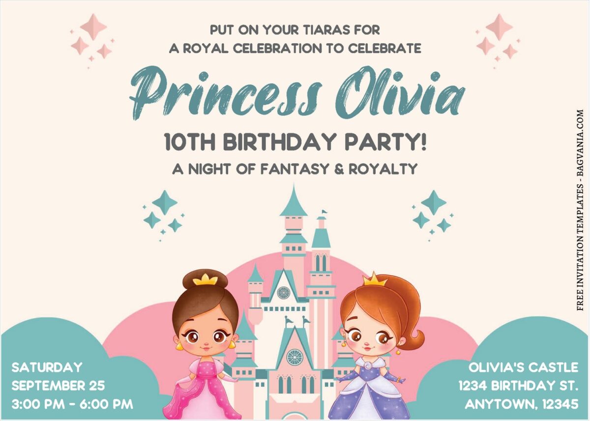 (Free Editable PDF) Adorable Twins Princess Birthday Invitation Templates D