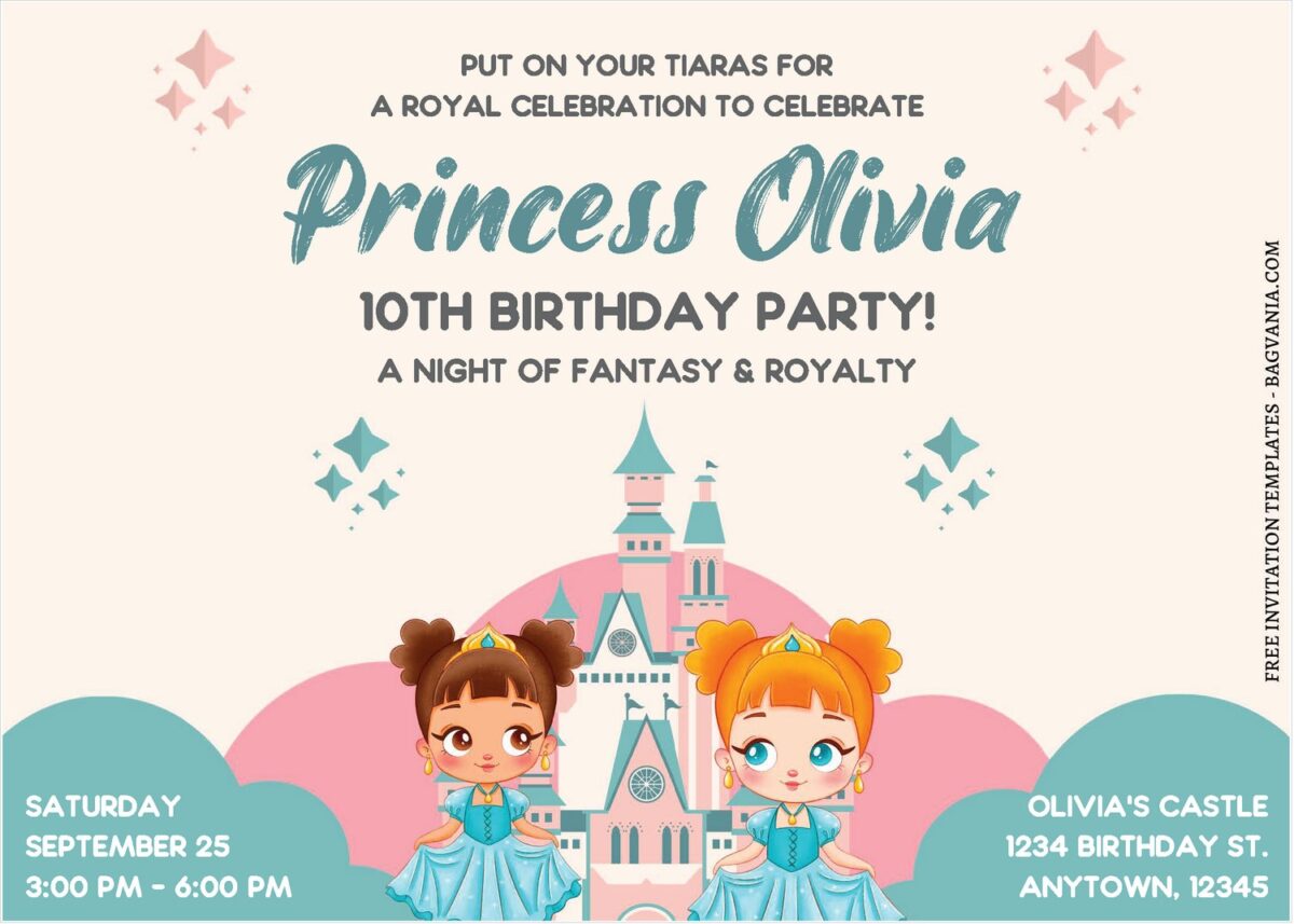 (Free Editable PDF) Adorable Twins Princess Birthday Invitation Templates E