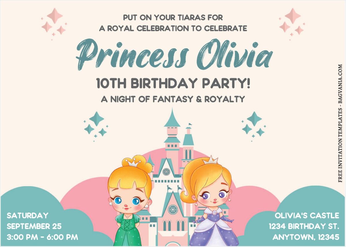 (Free Editable PDF) Adorable Twins Princess Birthday Invitation Templates F