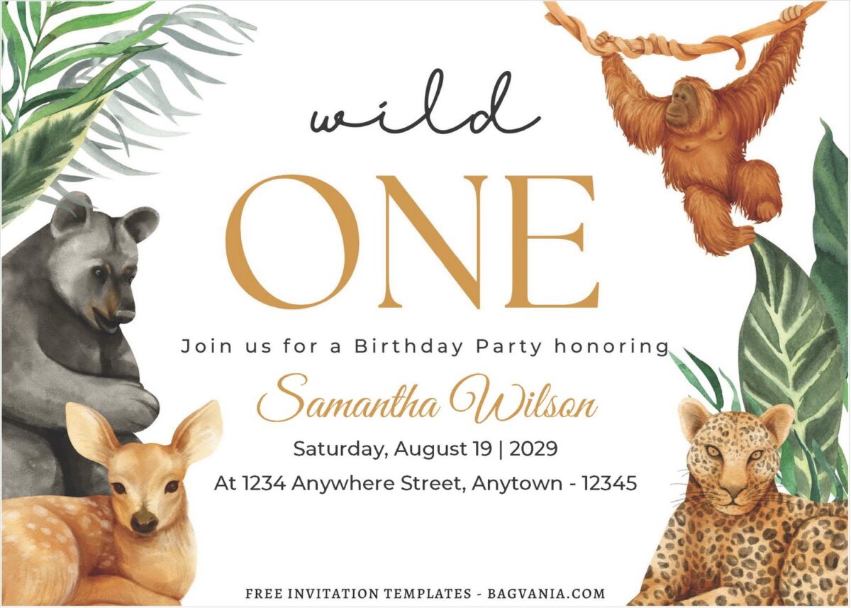 (Free Editable PDF) Watercolor Jungle Animals Birthday Invitation Templates F