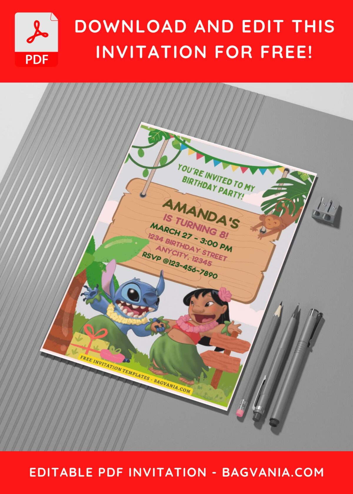 (Free Editable PDF) Jungle Bash Lilo & Stitch Birthday Invitation Templates G