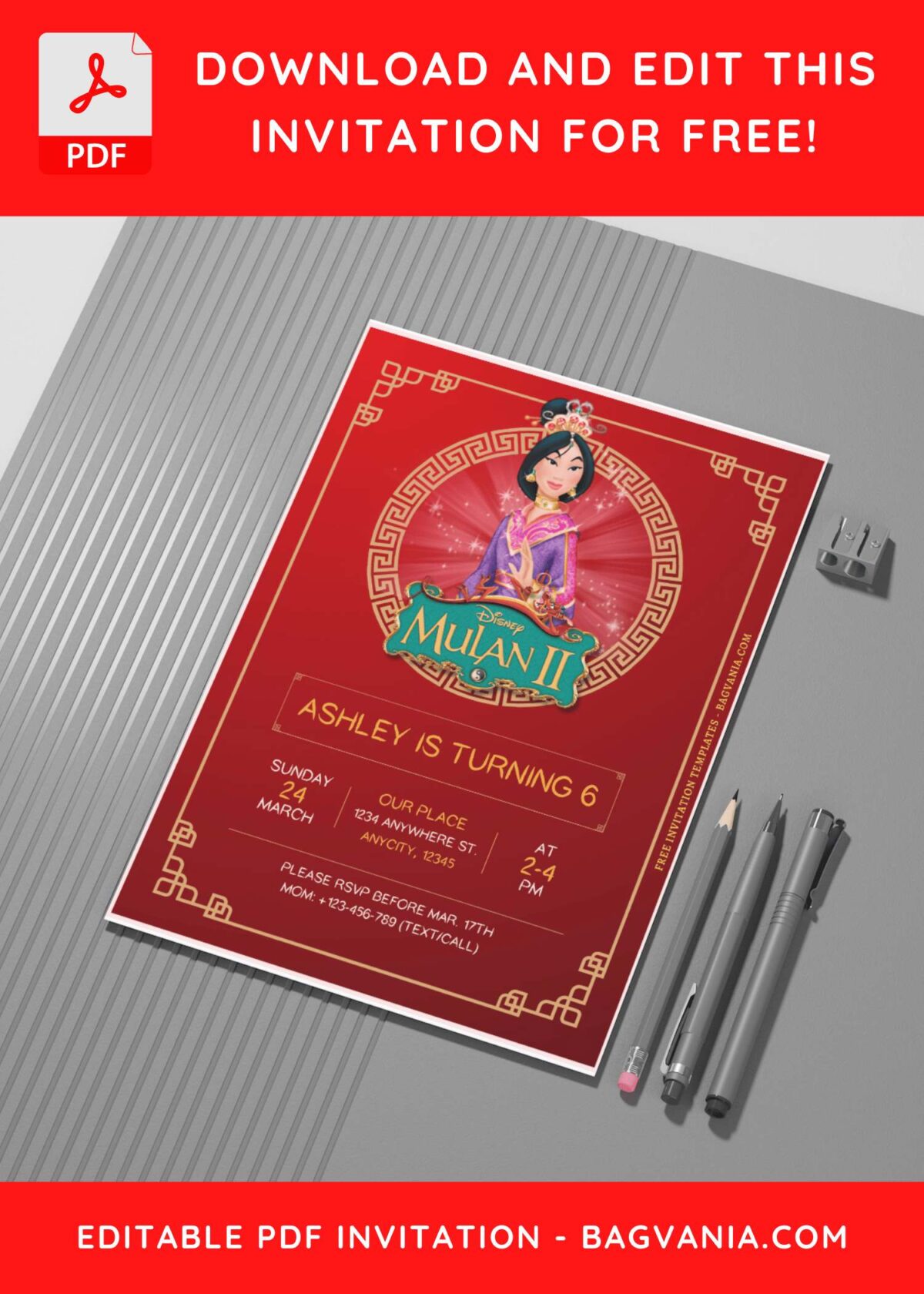 (Free Editable PDF) Brave Mulan Birthday Invitation Templates G