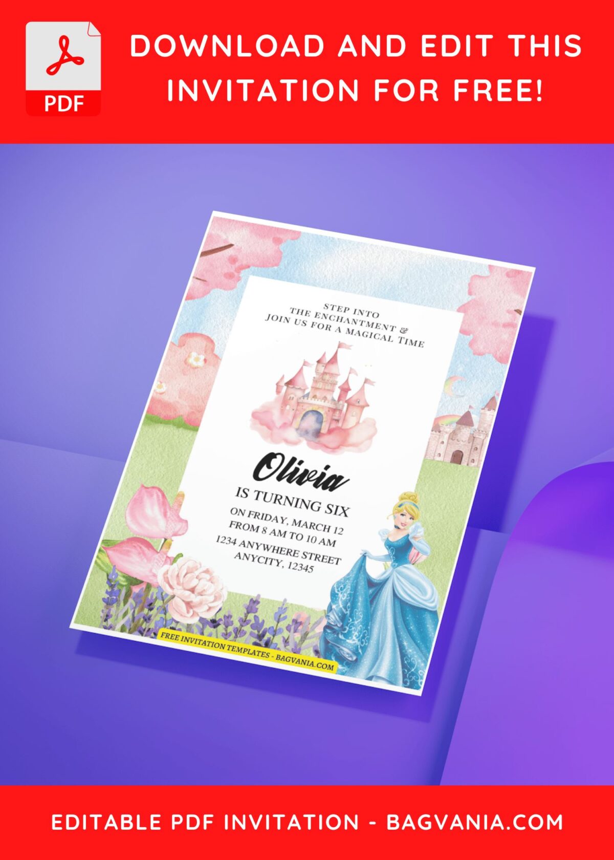 (Free Editable PDF) Cinderella And Princess Castle Birthday Invitation Templates A