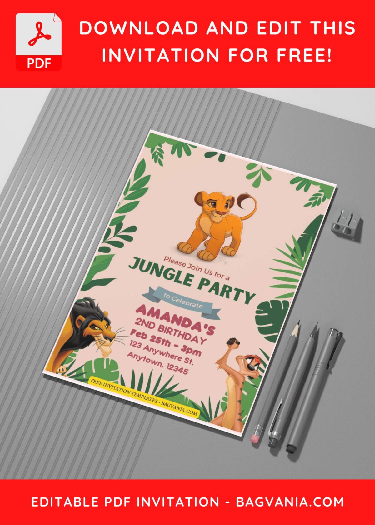 (Free Editable PDF) Beautiful Lion King Kids Birthday Invitation Templates C