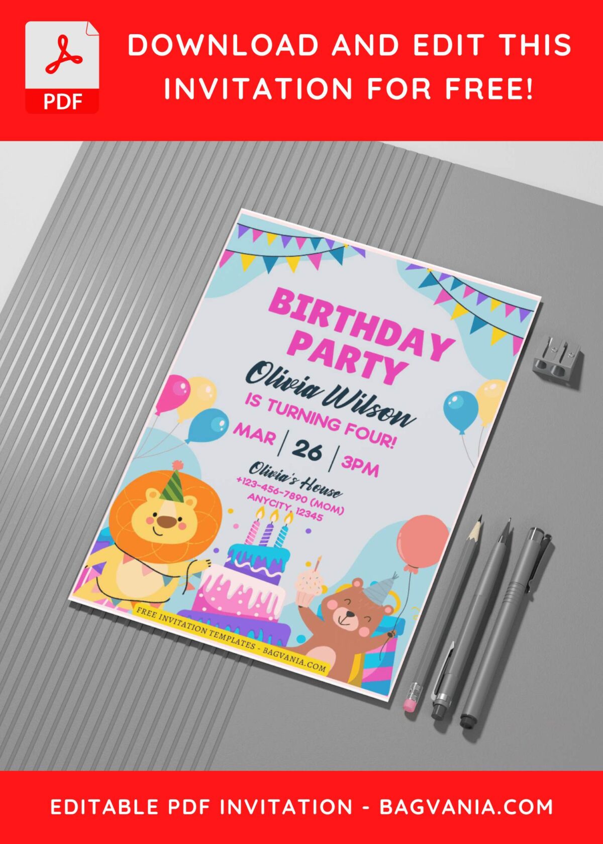 (Free Editable PDF) Lovely Party Animals Kids Birthday Invitation Templates G