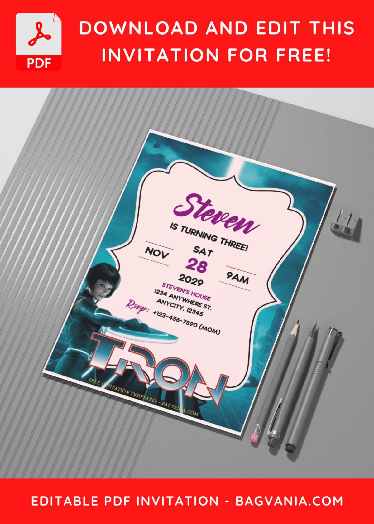 (Free Editable PDF) Super Cool Tron Legacy Birthday Invitation Templates G