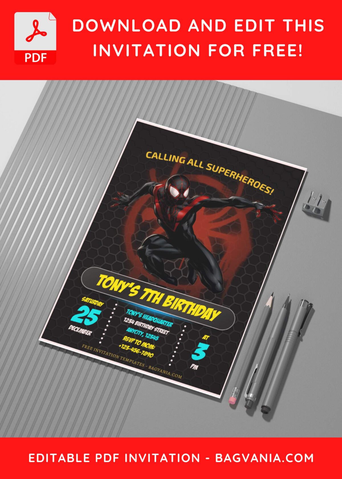 (Free Editable PDF) Ultimate Spiderman Miles Morales Birthday Invitation Templates C