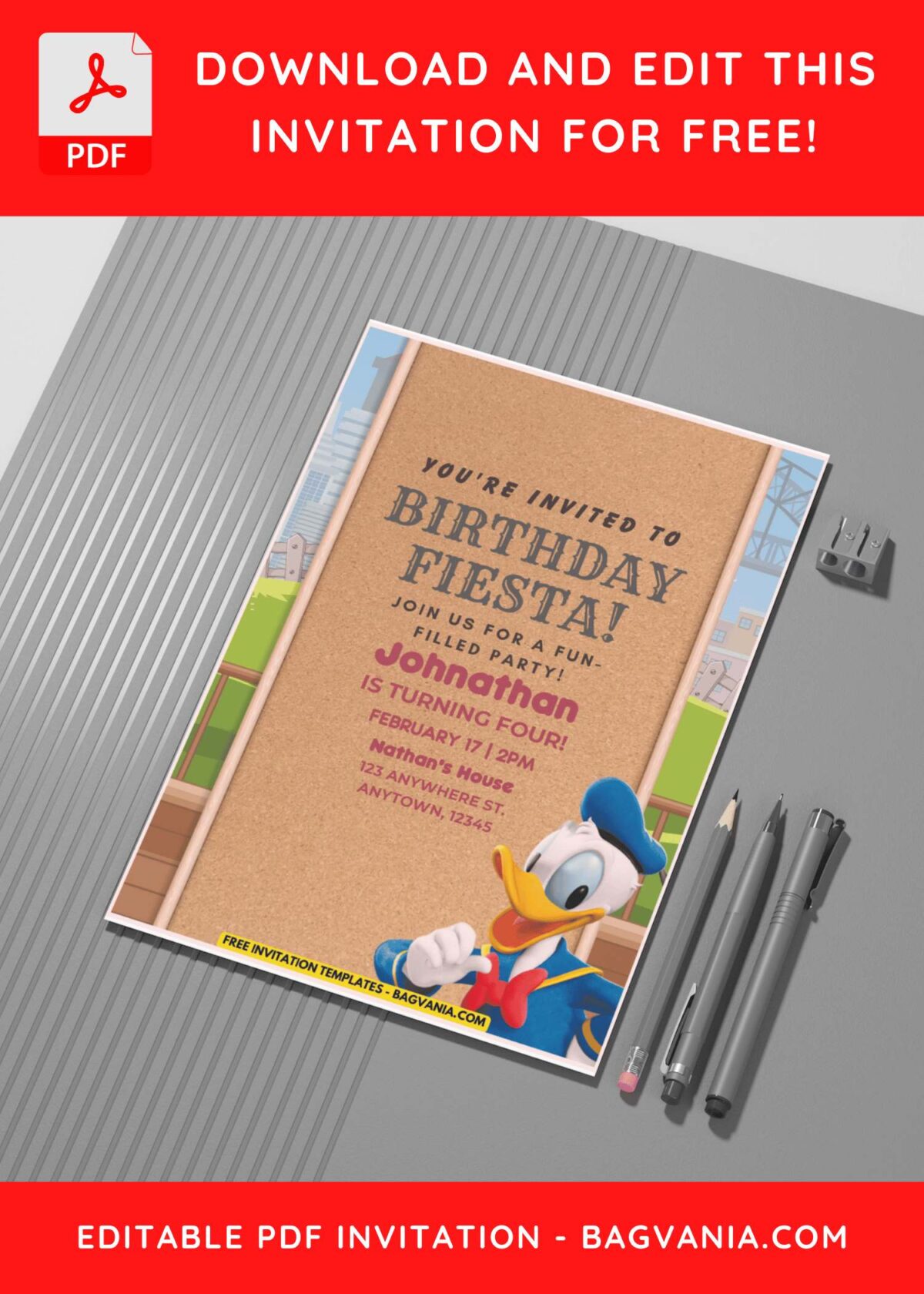 (Free Editable PDF) Classic Donald Duck Birthday Invitation Templates C
