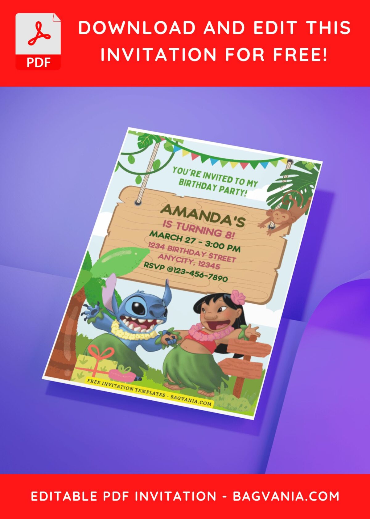 (Free Editable PDF) Jungle Bash Lilo & Stitch Birthday Invitation Templates H