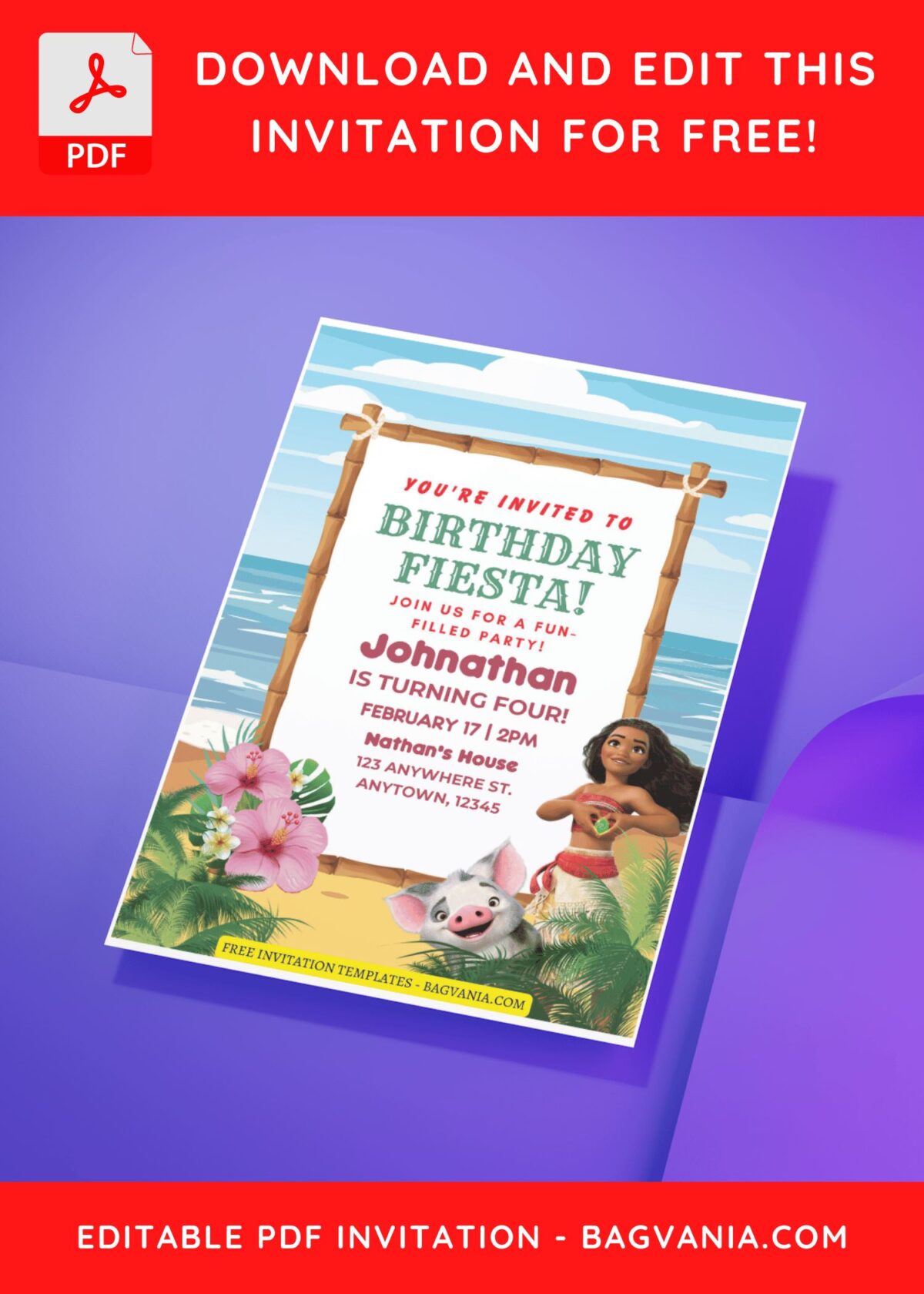 (Free Editable PDF) Polynesian Princess Moana Birthday Invitation Templates H