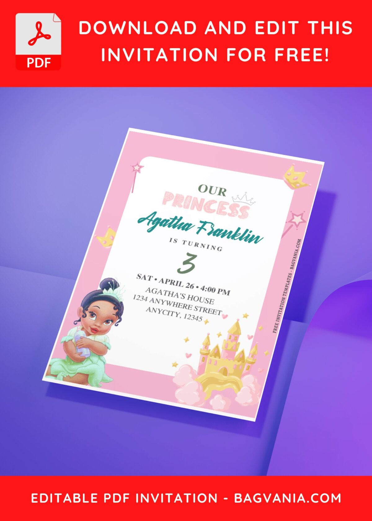 (Free Editable PDF) Lovely Cute Tiana Birthday Invitation Templates H