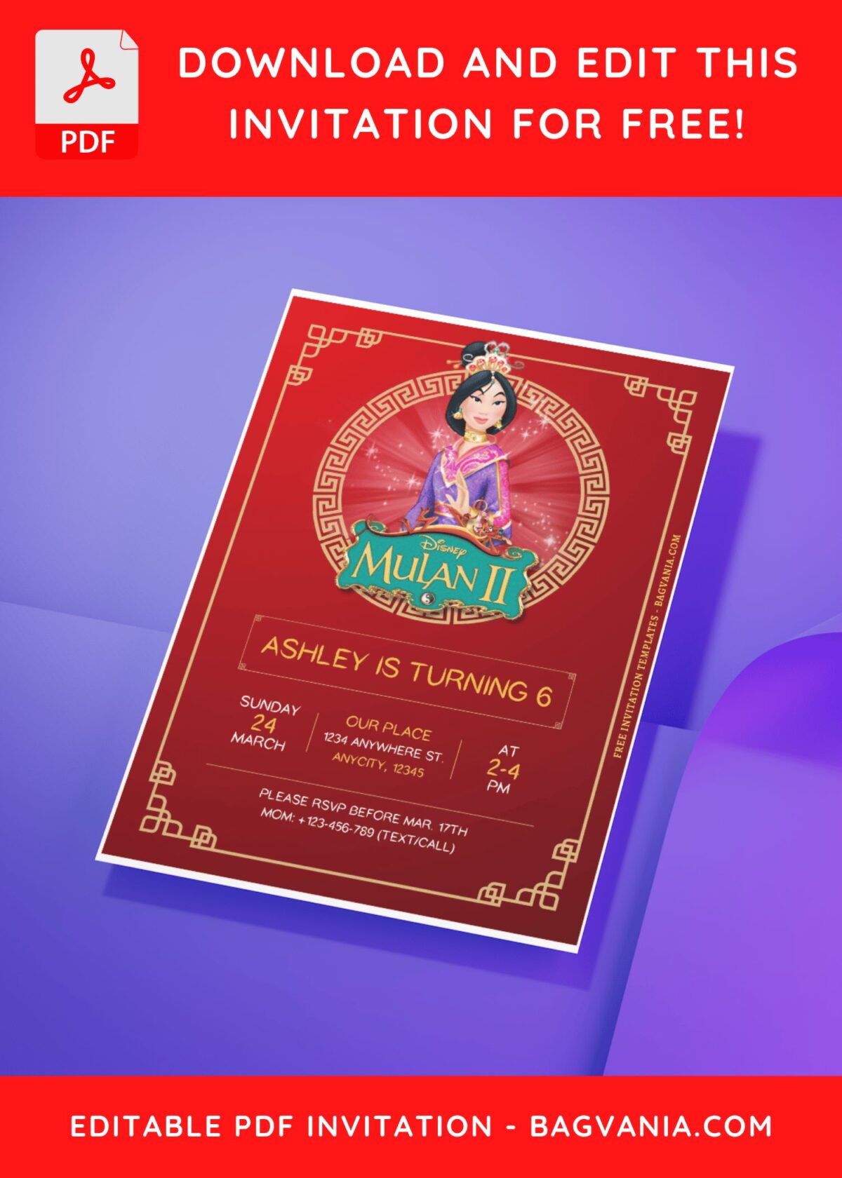 (Free Editable PDF) Brave Mulan Birthday Invitation Templates H