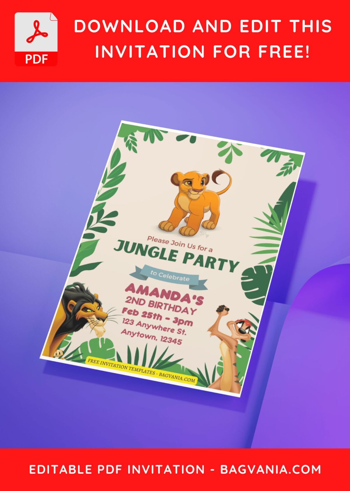 (Free Editable PDF) Beautiful Lion King Kids Birthday Invitation Templates D