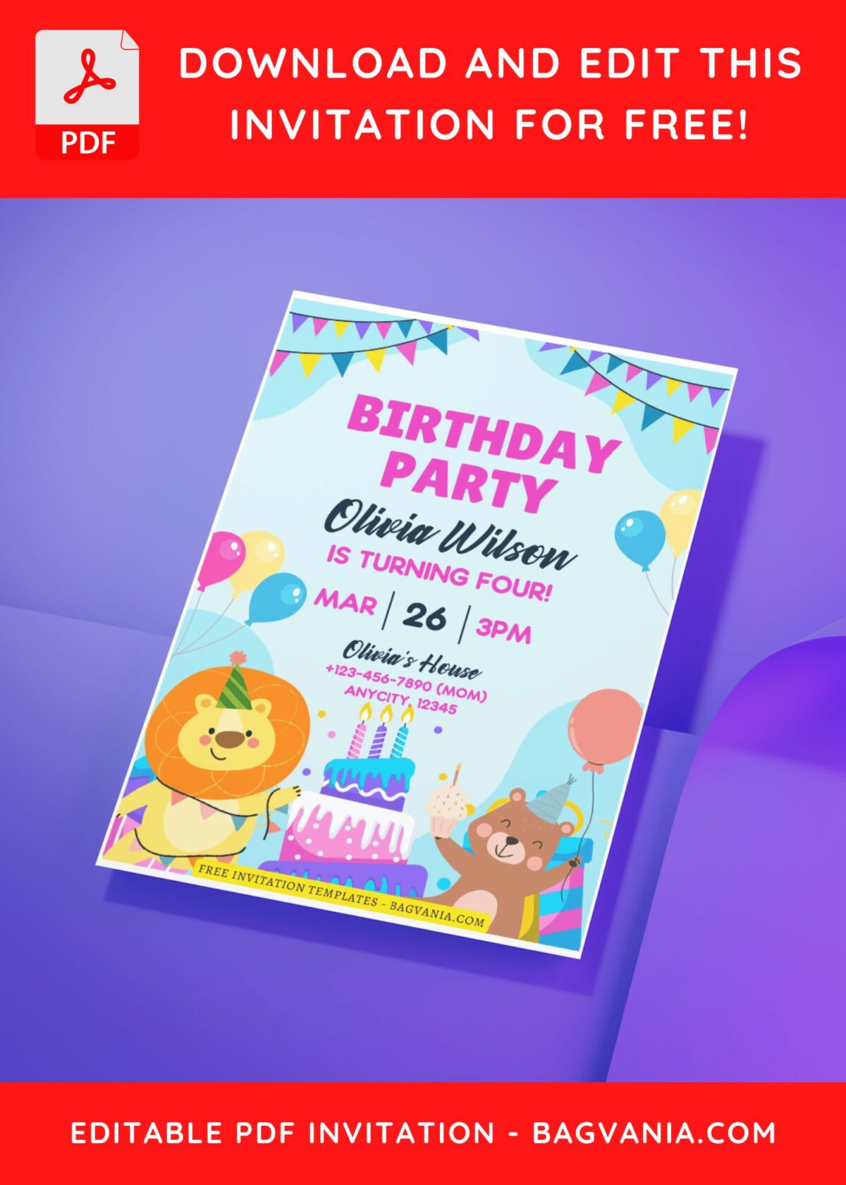(Free Editable PDF) Lovely Party Animals Kids Birthday Invitation Templates H