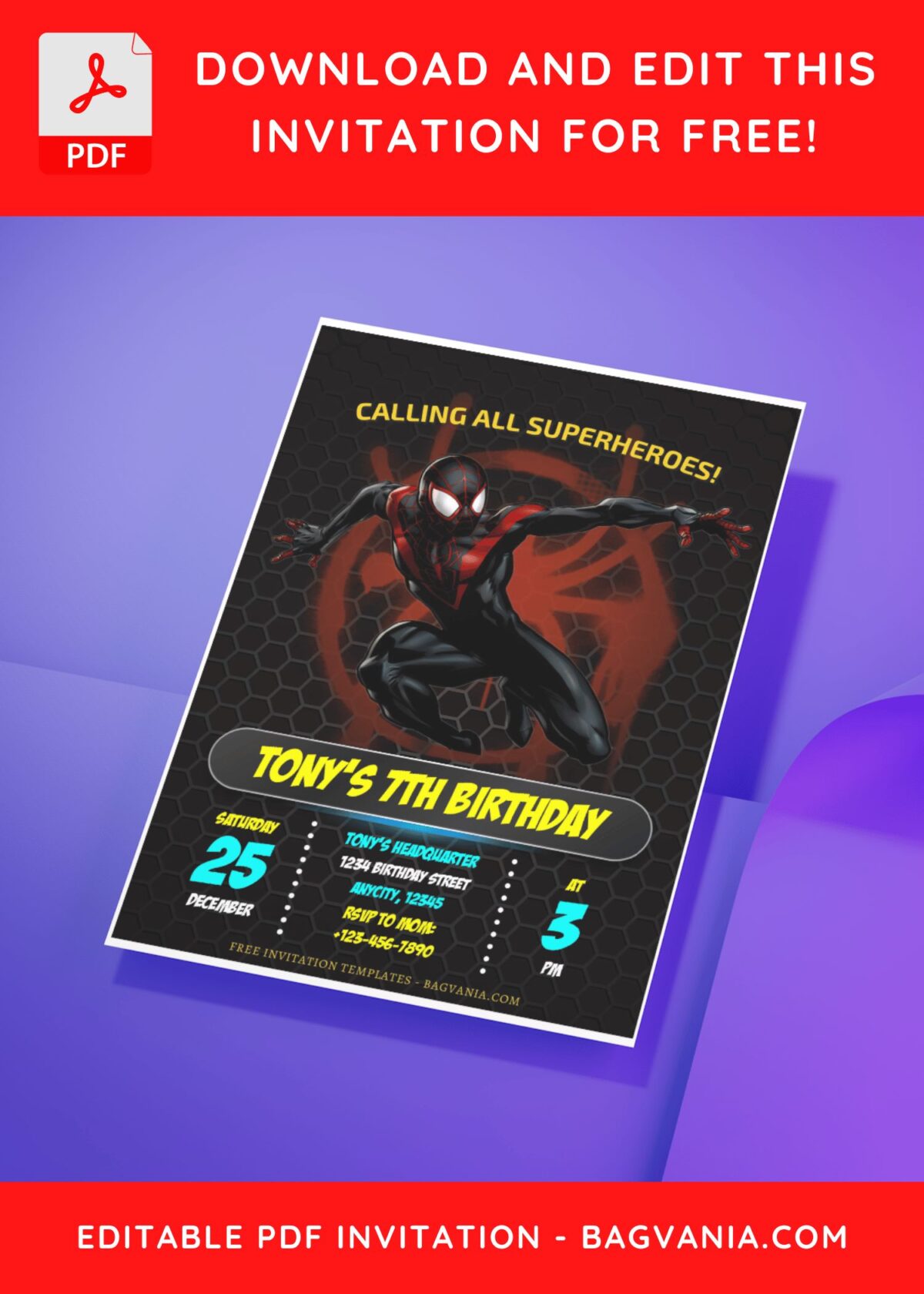 (Free Editable PDF) Ultimate Spiderman Miles Morales Birthday Invitation Templates D
