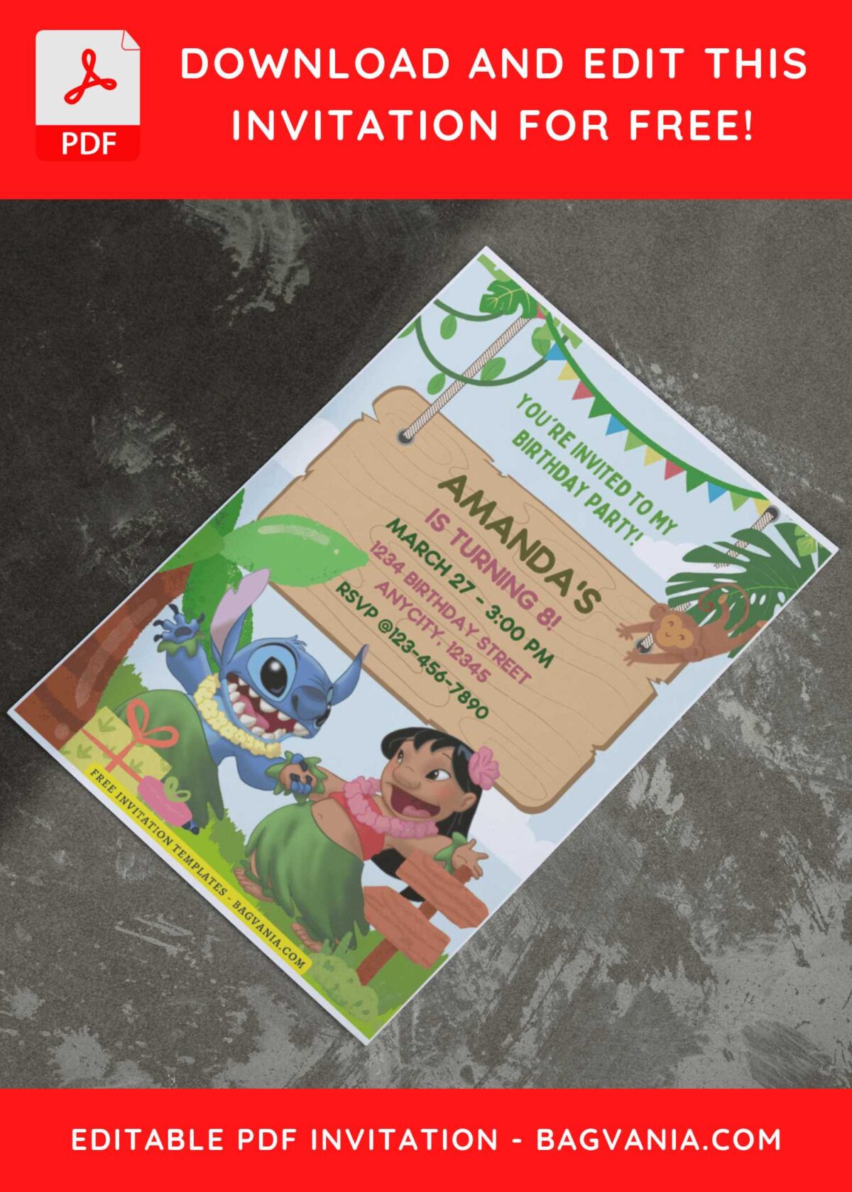 (Free Editable PDF) Jungle Bash Lilo & Stitch Birthday Invitation Templates I