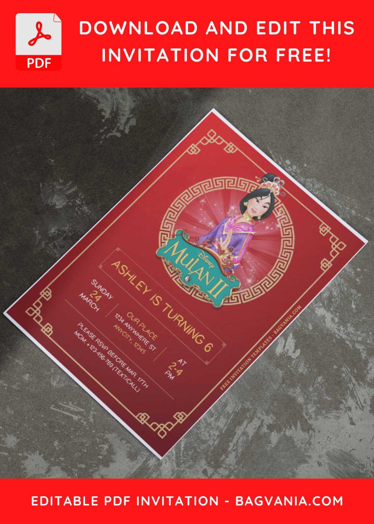 (Free Editable PDF) Brave Mulan Birthday Invitation Templates I