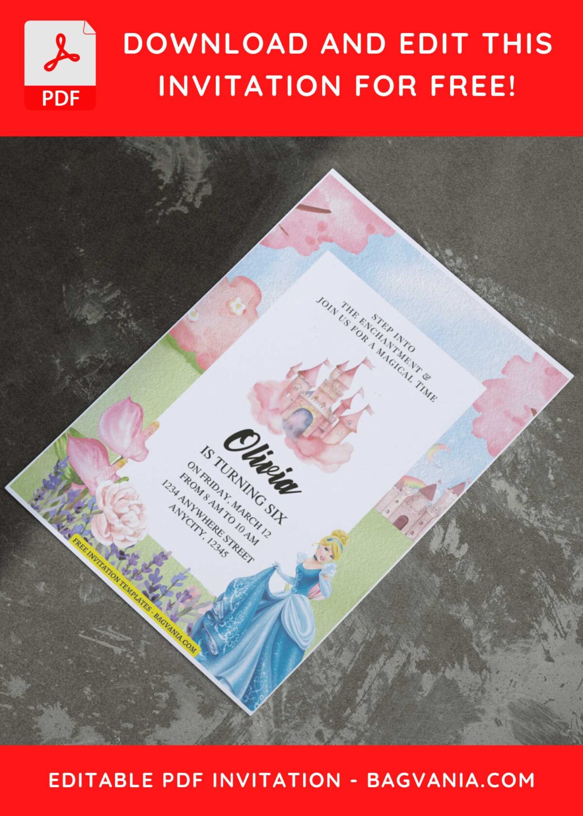 (Free Editable PDF) Cinderella And Princess Castle Birthday Invitation Templates F