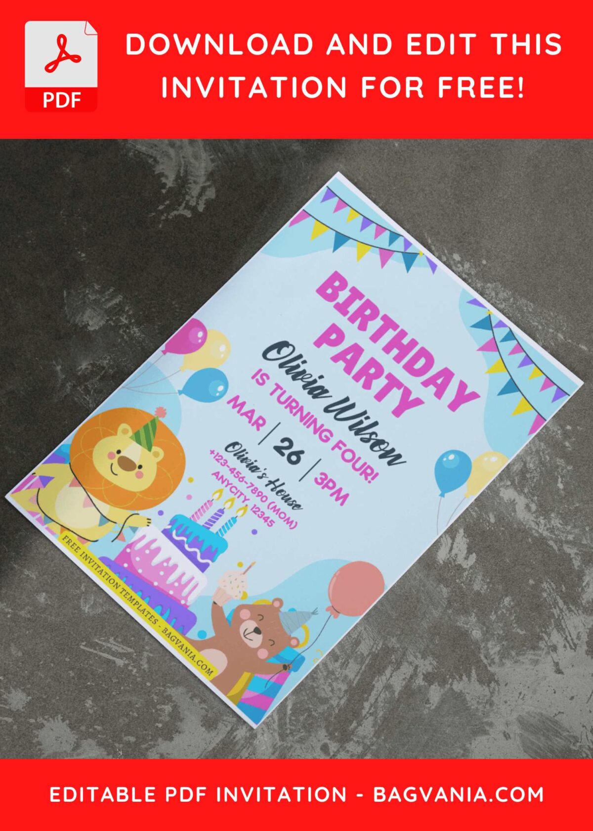 (Free Editable PDF) Lovely Party Animals Kids Birthday Invitation Templates I