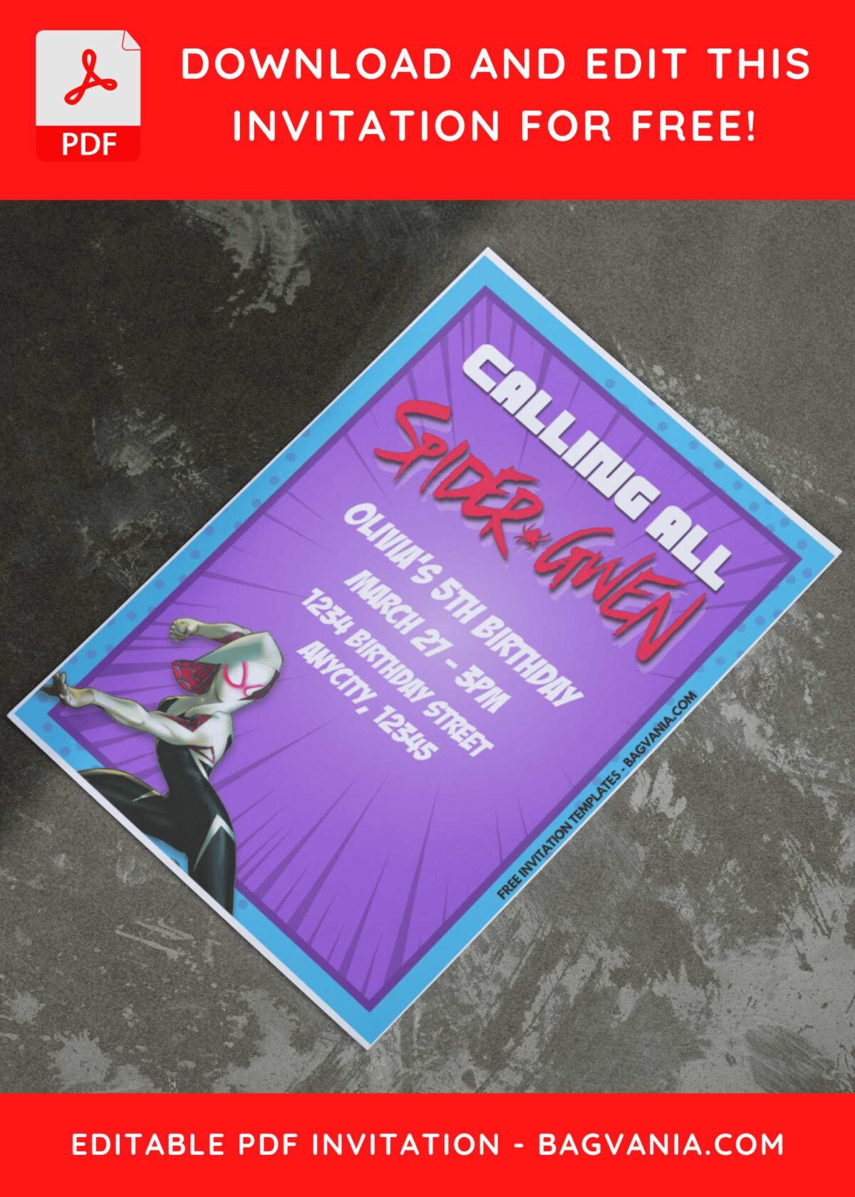 (Free Editable PDF) Lovely Spider-Gwen Stacy Birthday Invitation Templates I