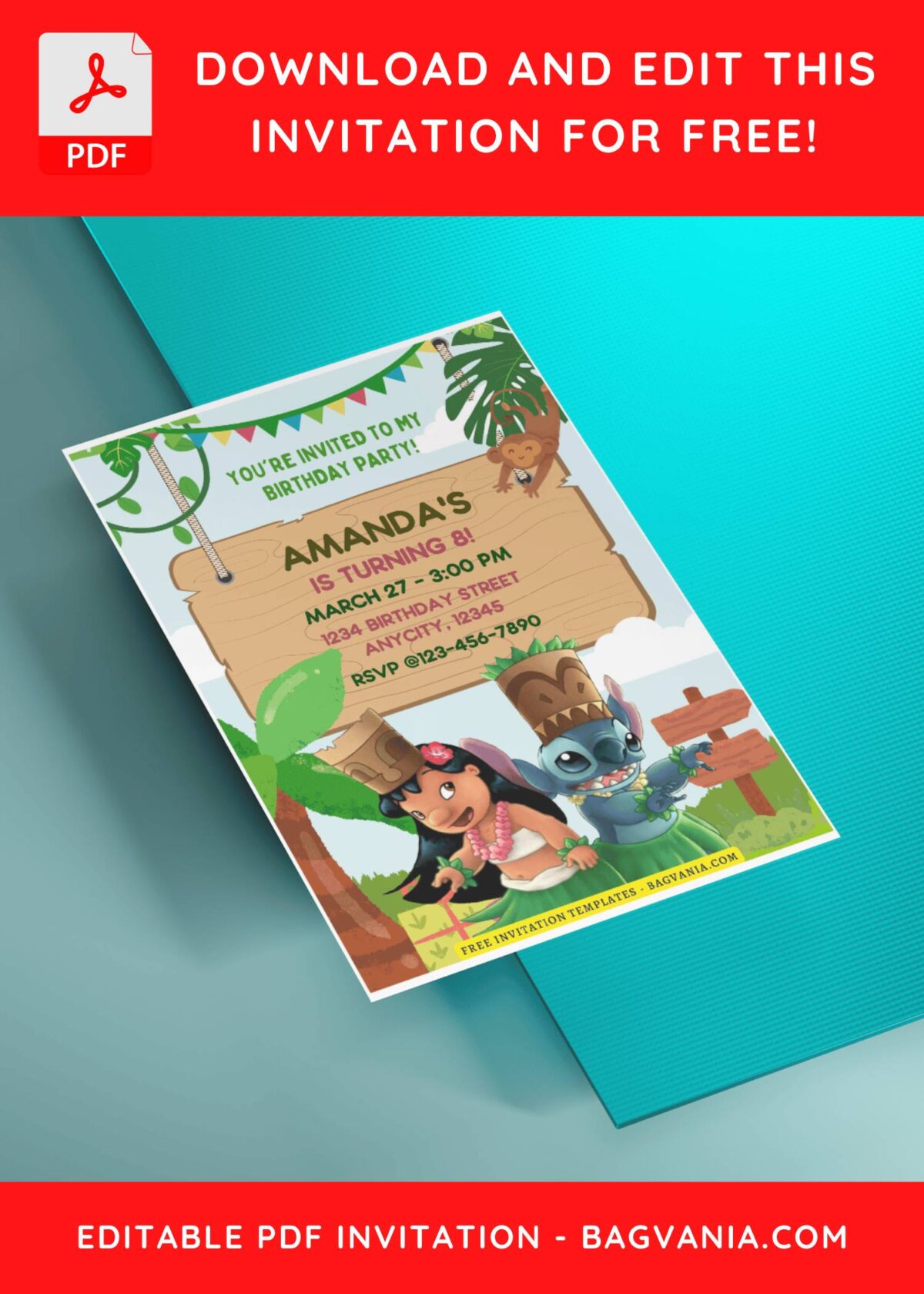 (Free Editable PDF) Jungle Bash Lilo & Stitch Birthday Invitation Templates J