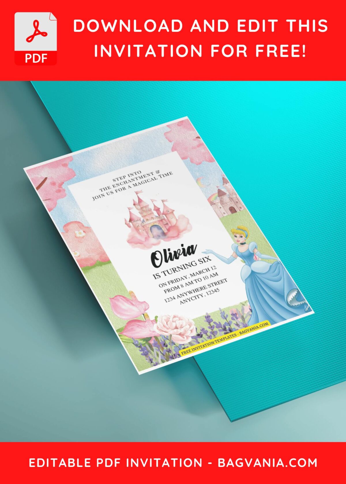 (Free Editable PDF) Cinderella And Princess Castle Birthday Invitation Templates g
