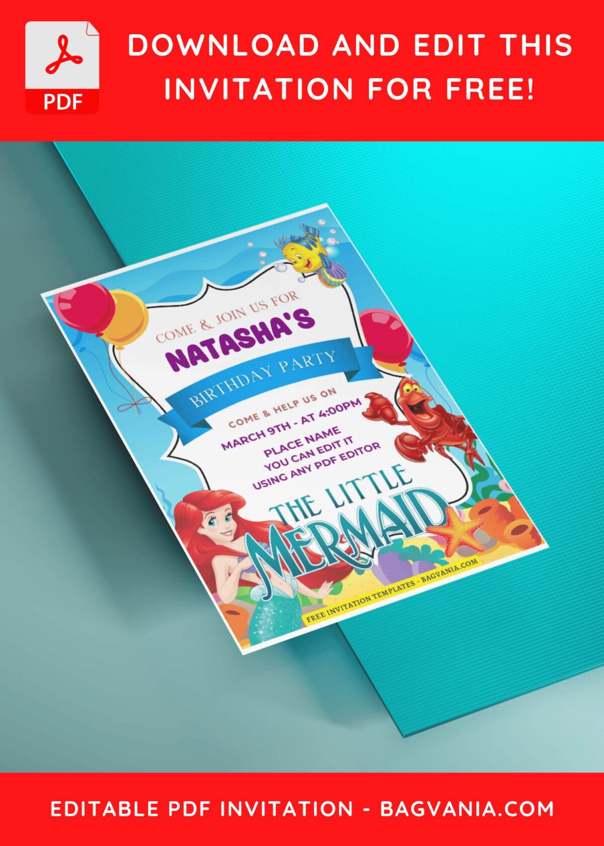 (Free Editable PDF) Sea Waltz The Little Mermaid Birthday Invitation Templates J