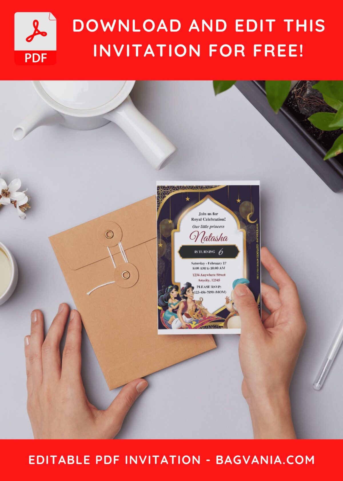 (Free Editable PDF) Aladdin & Jasmine Birthday Invitation Templates A