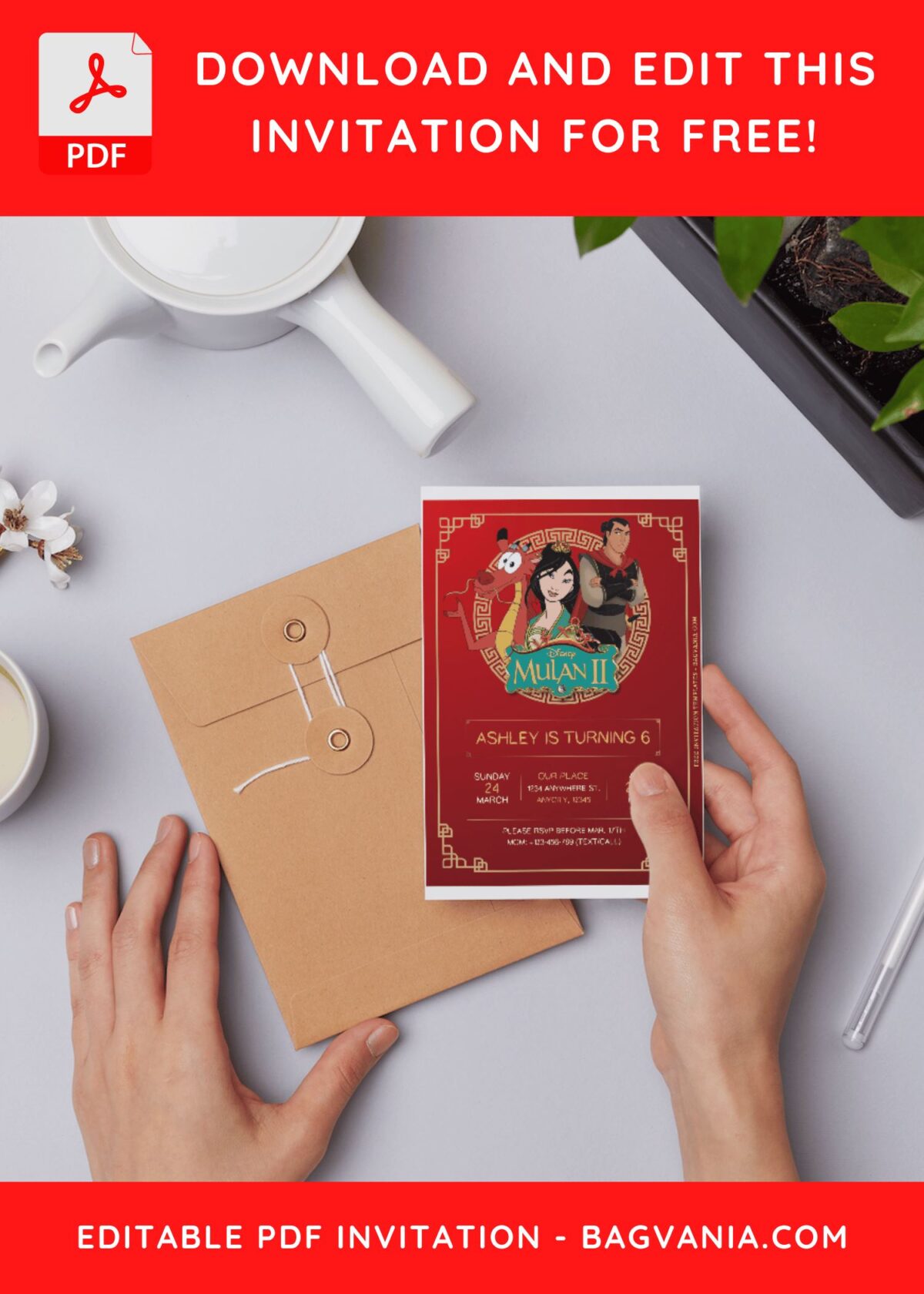 (Free Editable PDF) Brave Mulan Birthday Invitation Templates A