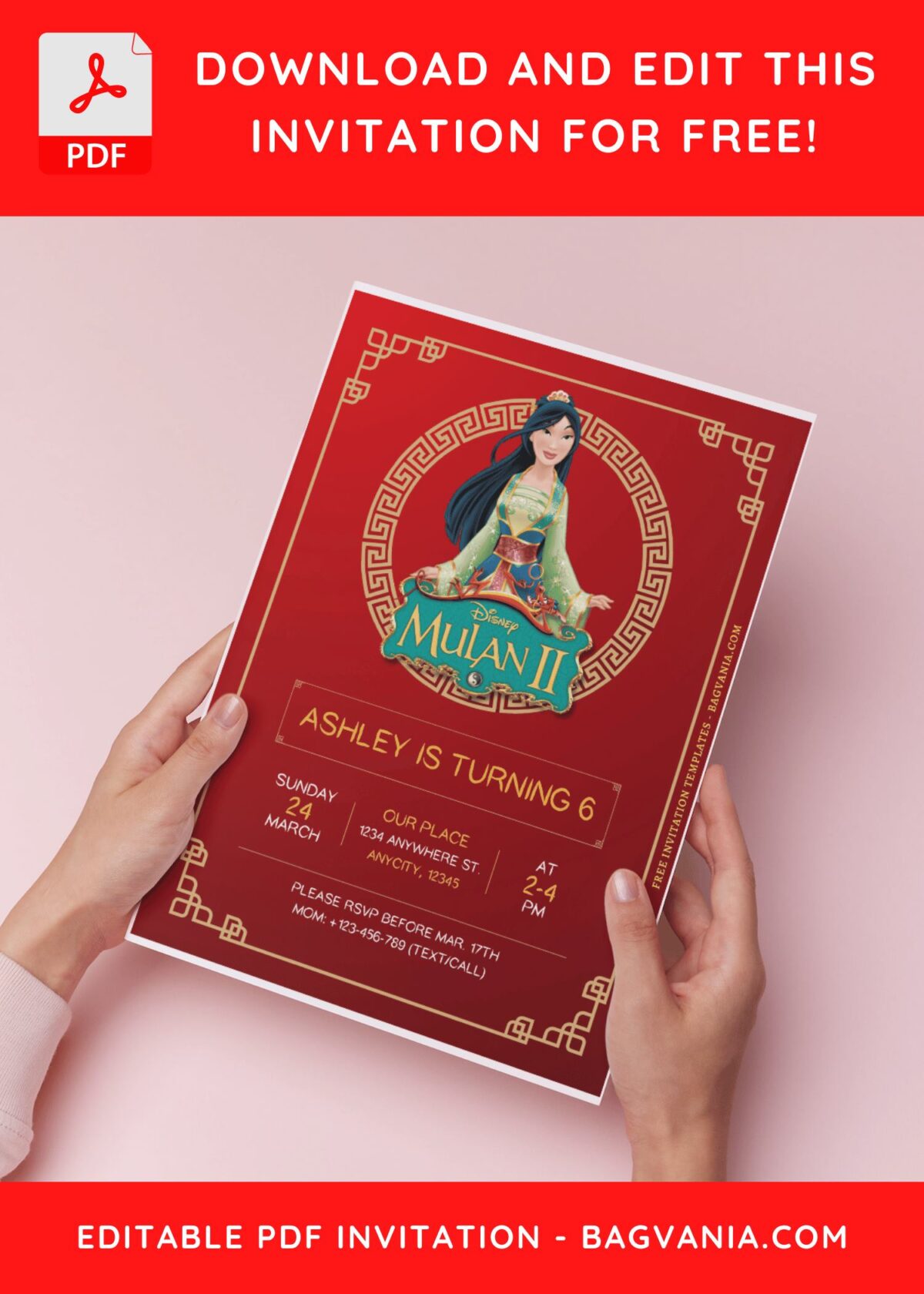 (Free Editable PDF) Brave Mulan Birthday Invitation Templates B