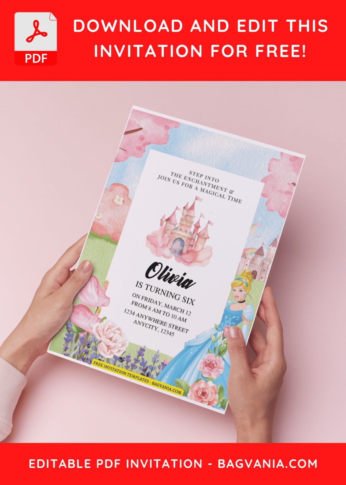 (Free Editable PDF) Cinderella And Princess Castle Birthday Invitation Templates i