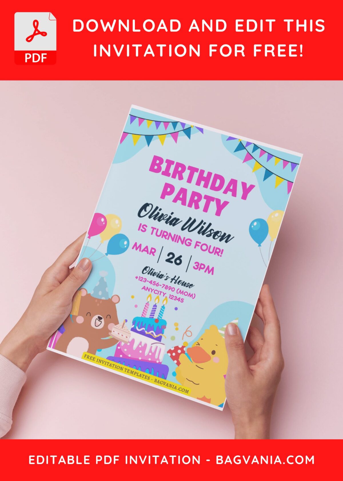 (Free Editable PDF) Lovely Party Animals Kids Birthday Invitation Templates B