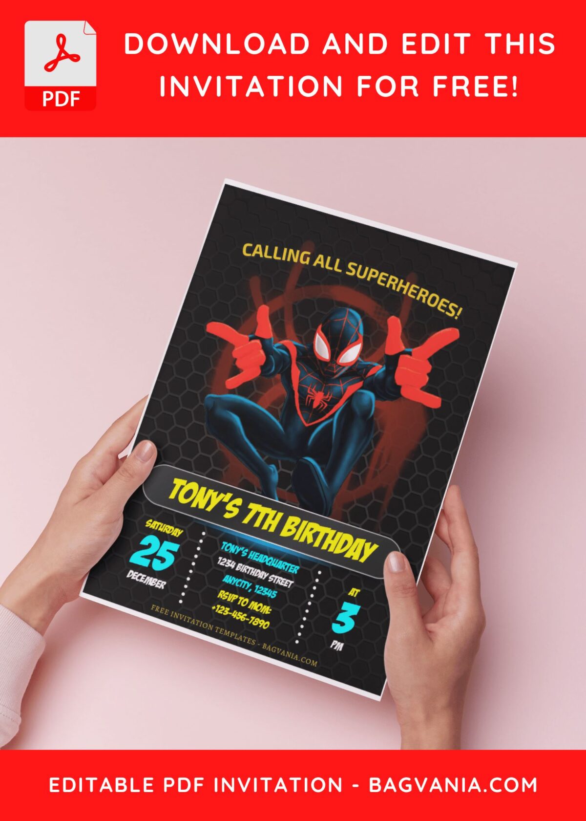 (Free Editable PDF) Ultimate Spiderman Miles Morales Birthday Invitation Templates H