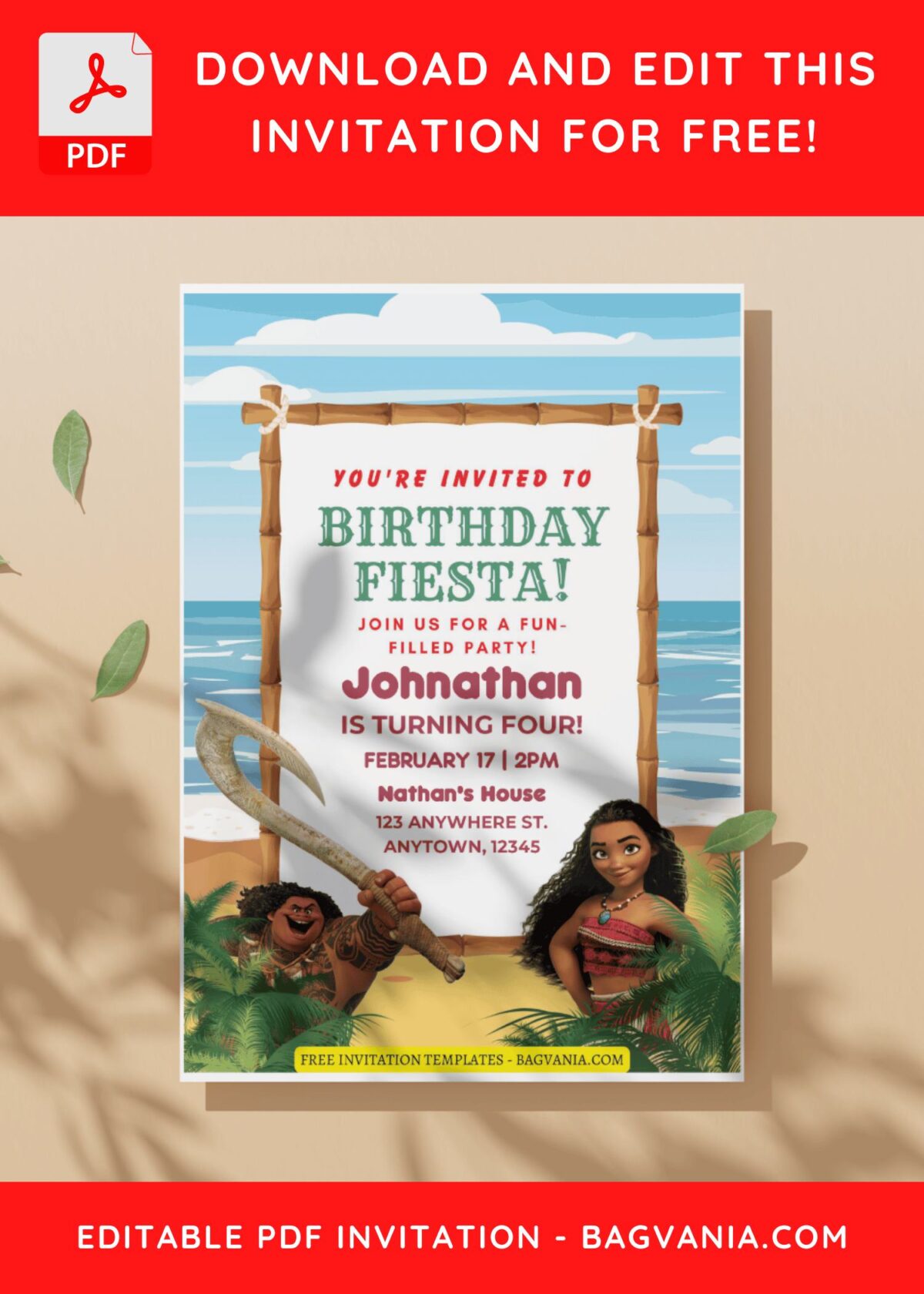 (Free Editable PDF) Polynesian Princess Moana Birthday Invitation Templates C