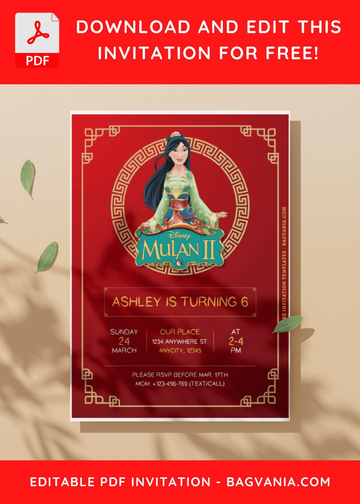 (Free Editable PDF) Brave Mulan Birthday Invitation Templates C