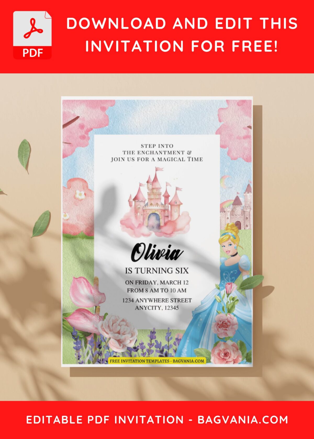 (Free Editable PDF) Cinderella And Princess Castle Birthday Invitation Templates j