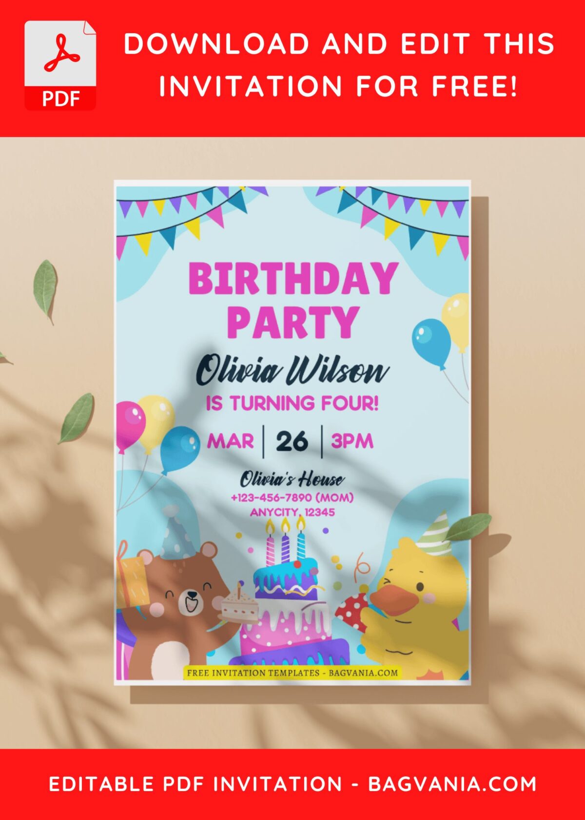 (Free Editable PDF) Lovely Party Animals Kids Birthday Invitation Templates C