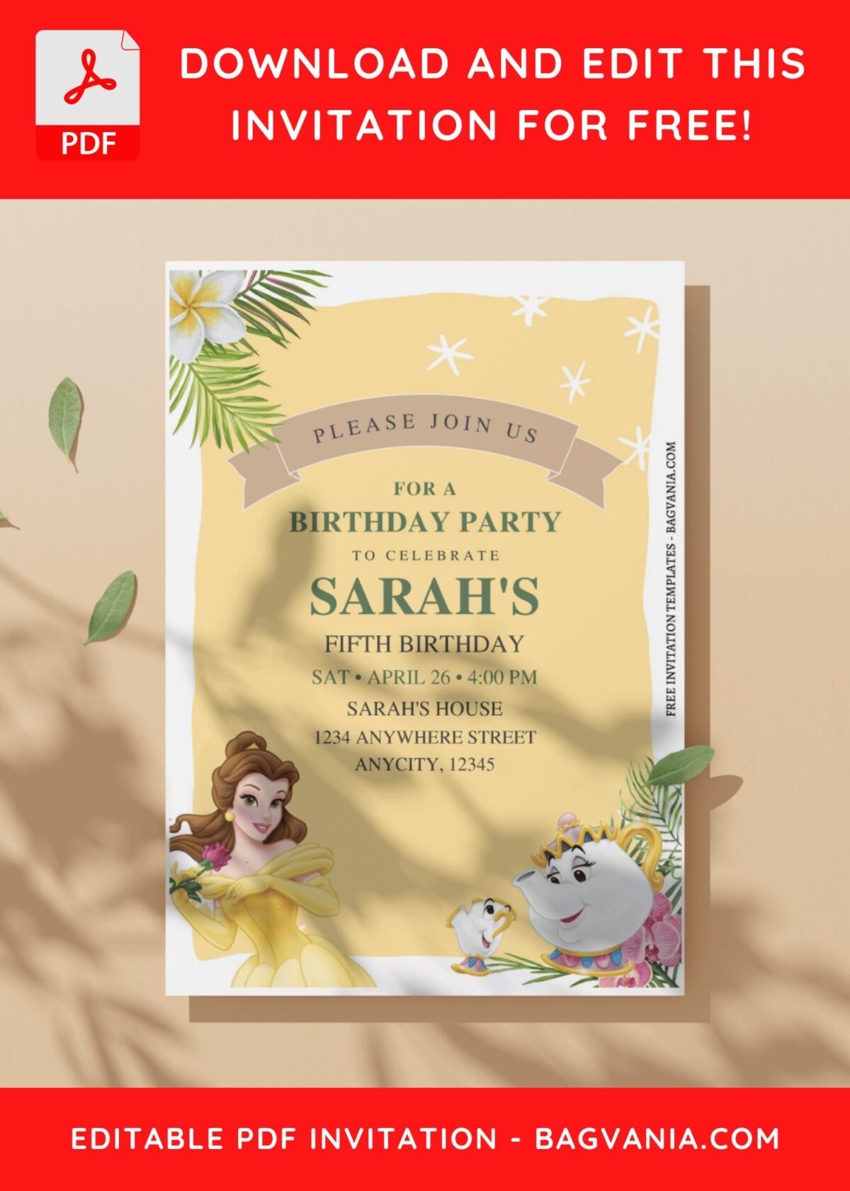 (Free Editable PDF) Enchanted Princess Belle Birthday Invitation Templates I