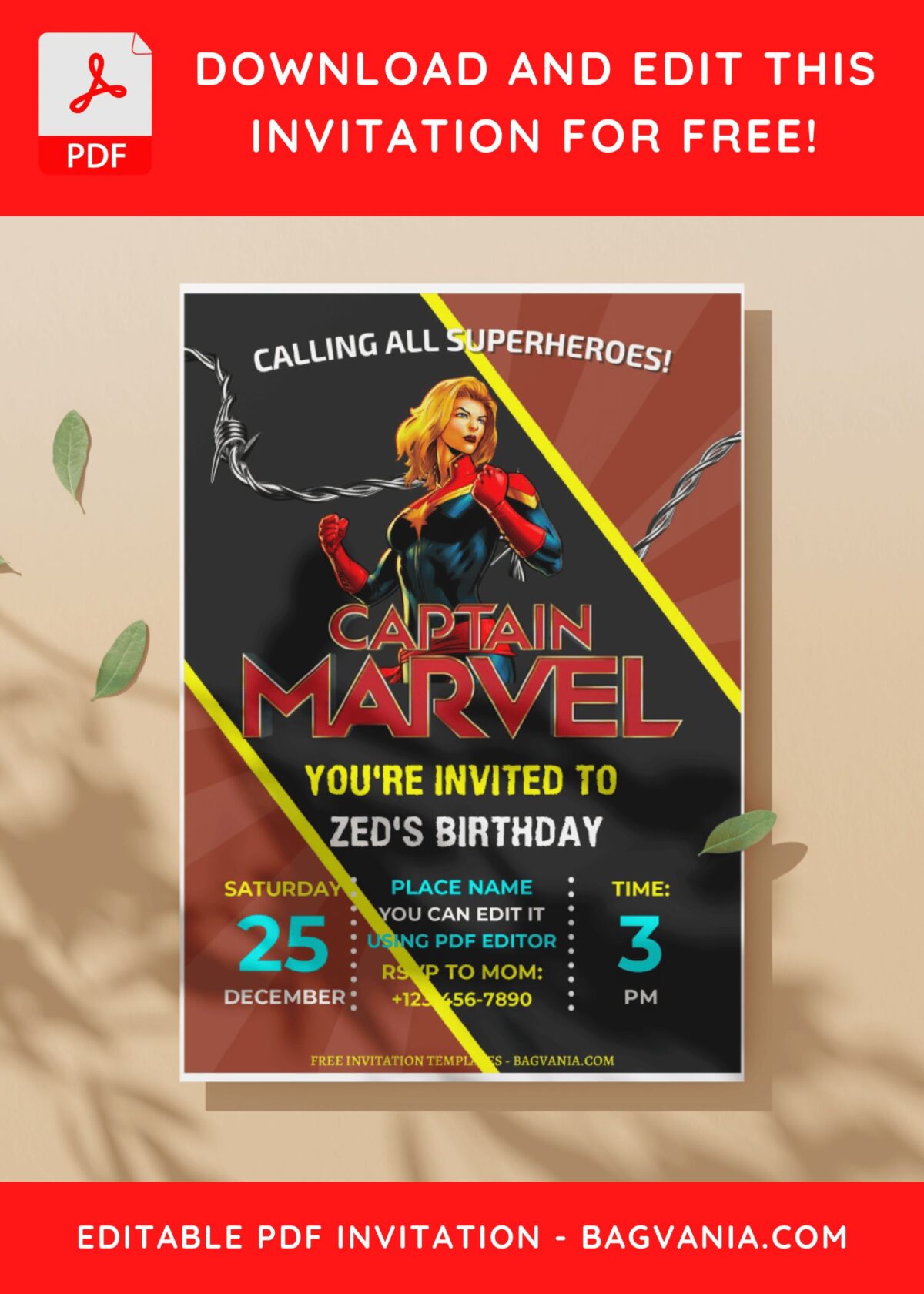 (Free Editable PDF) Captain Marvel Kids Birthday Invitation Templates C