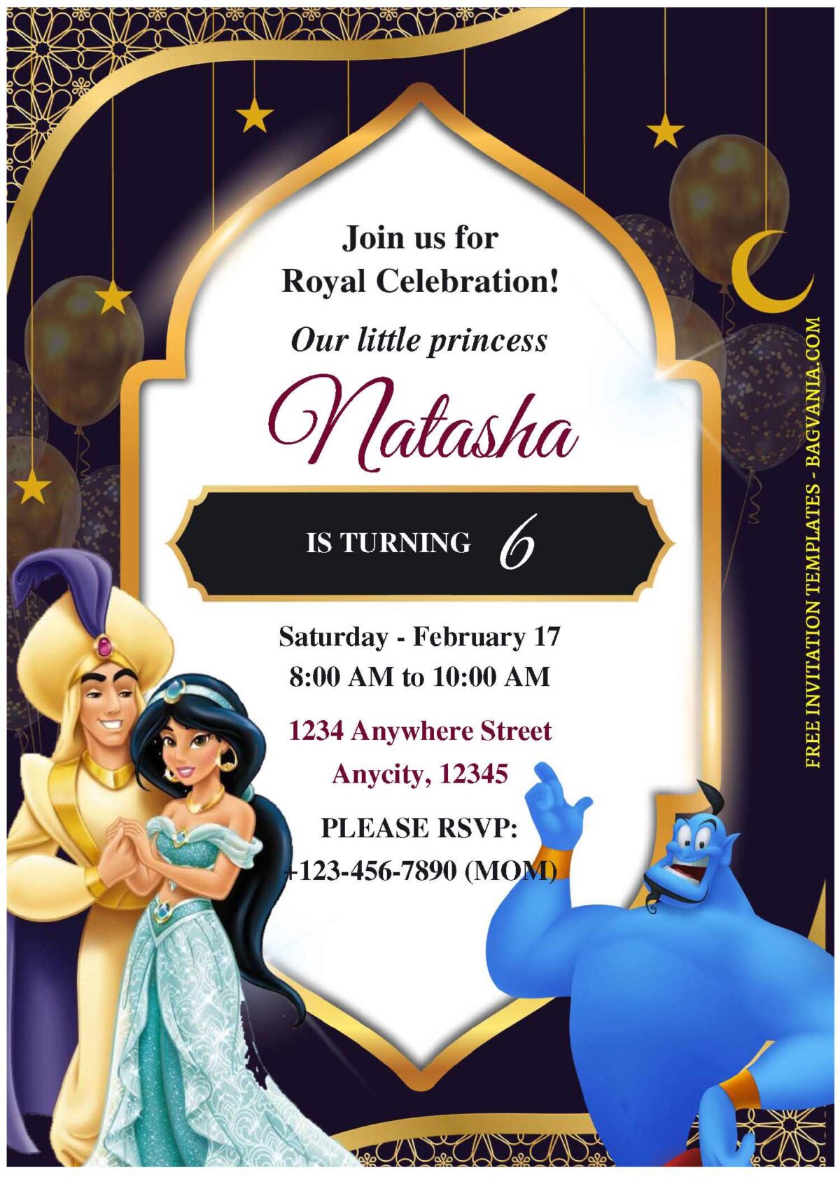 (Free Editable PDF) Aladdin & Jasmine Birthday Invitation Templates D