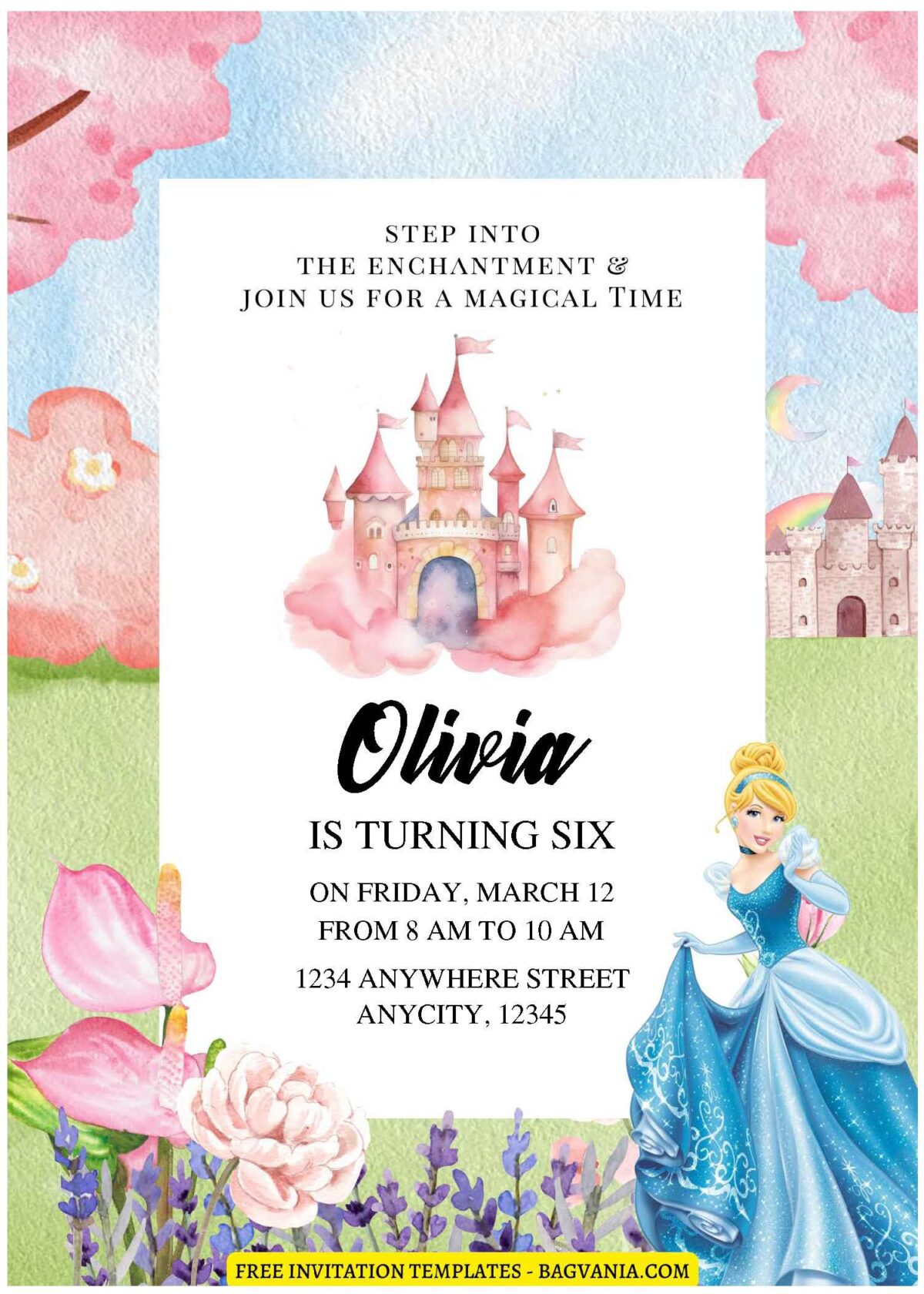 (Free Editable PDF) Cinderella And Princess Castle Birthday Invitation Templates B