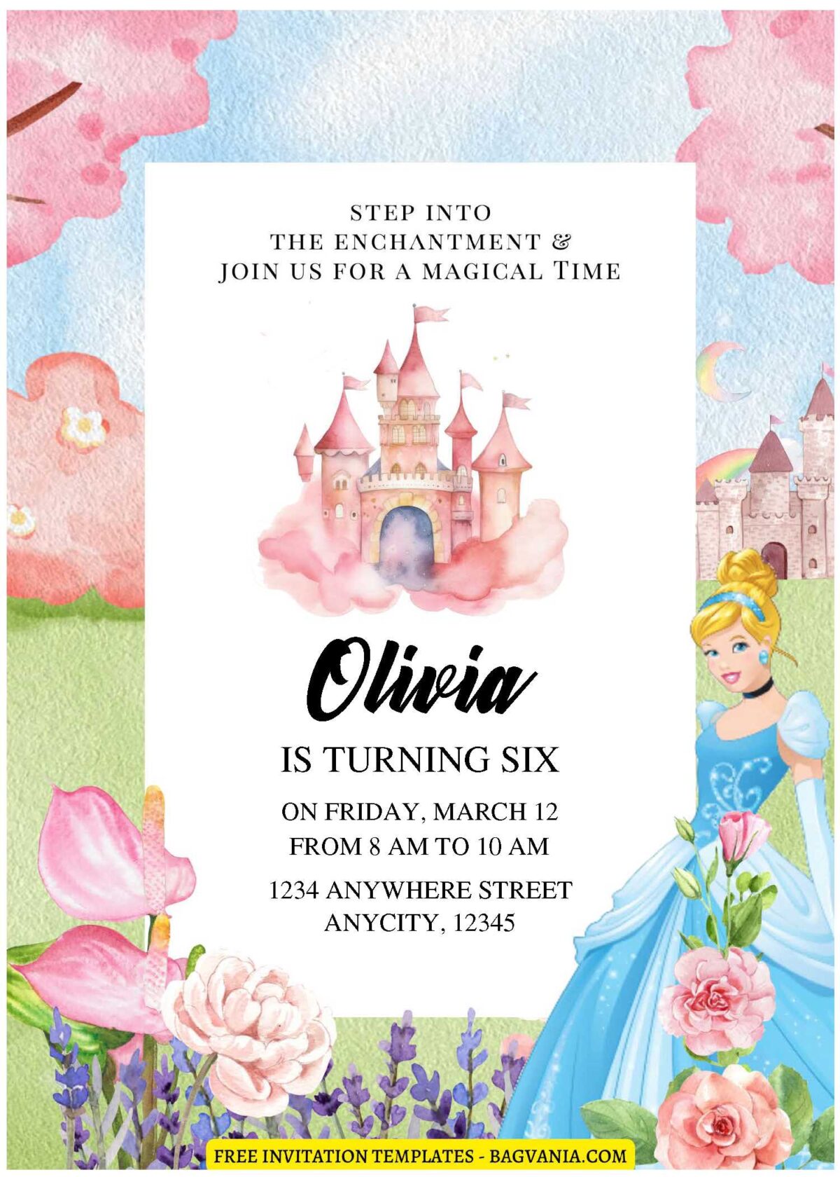 (Free Editable PDF) Cinderella And Princess Castle Birthday Invitation Templates C